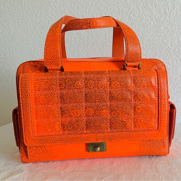 Jimmy Choo Handbags - Jimmy Choo neon orange lizard quilted structured bag